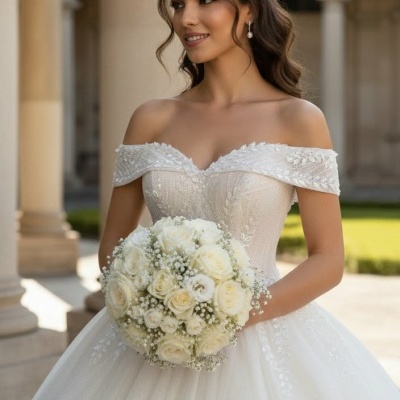 Vestido de noiva branco ombro a ombro com bouquet de flores brancas e colunas clássicas ao fundo
