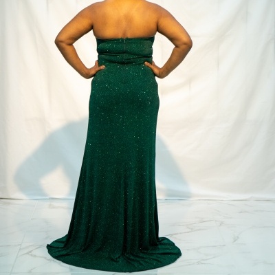Vestido longo verde escuro brilhante em pessoa vista de costas