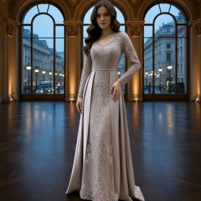 Vestido longo bege com renda e tecido liso em sala luxuosa.