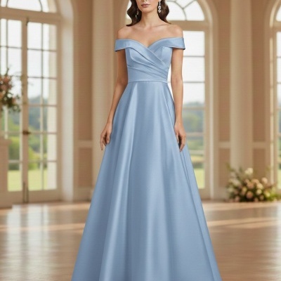 Vestido azul claro longo com decote ombro a ombro