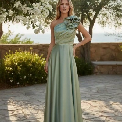 Vestido longo verde-água com detalhe de flor no ombro, modelo ao ar livre
