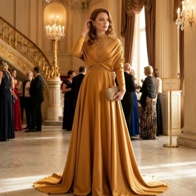 Vestido longo dourado elegante com detalhes brilhantes e carteira dourada