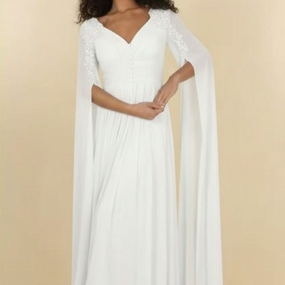 Vestido longo branco com decote em V e mangas longas com apliques florais