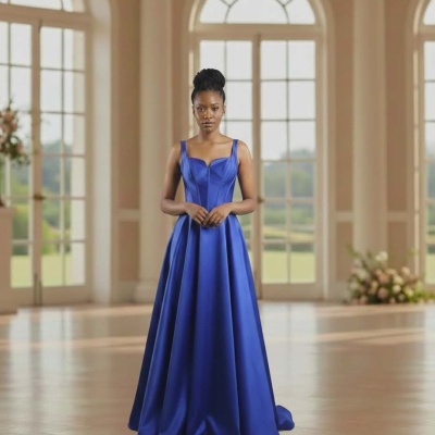 Vestido de cerimónia azul royal longo com decote em coração e alças largas