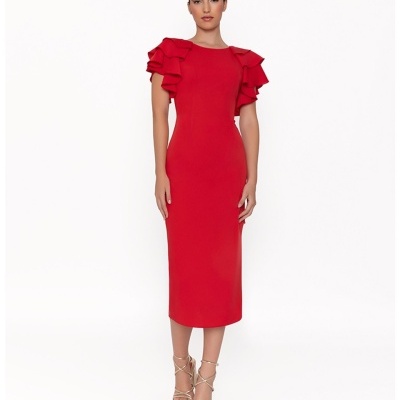 Vestido midi vermelho justo com mangas folhadas em fundo branco.