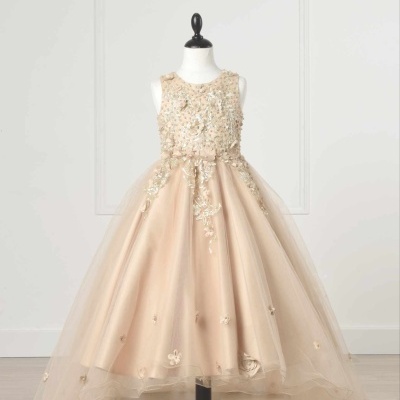 Vestido de festa bege para criança com saia longa em tule e flores 3D