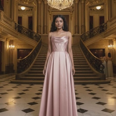 Mulher com vestido longo rosa claro de cetim em salão com escadaria e lustre luxuoso