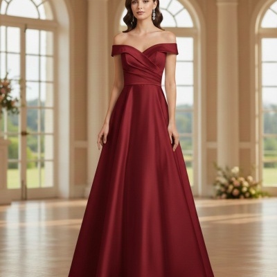 Vestido longo vinho ombro a ombro com saia fluída e detalhes franzidos no busto