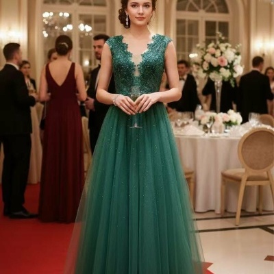 Vestido de festa verde esmeralda com corpete rendado e saia em tule em ambiente elegante