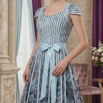 Vestido midi feminino floral com riscas e laço azul.