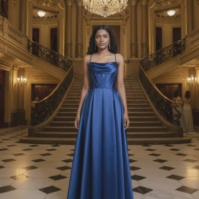 Vestido longo azul acetinado com alças finas e escadaria luxuosa ao fundo