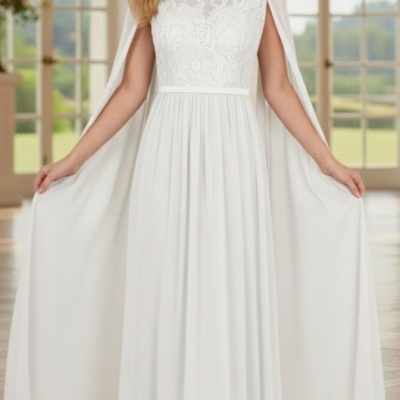 Vestido de noiva branco com corpete rendado e capa