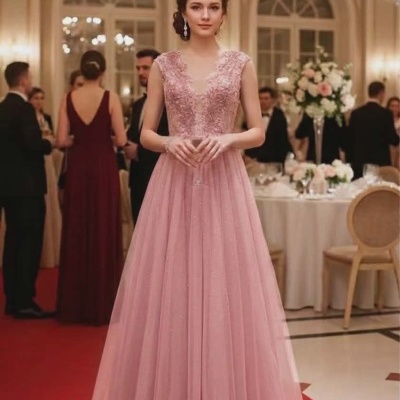 Mulher vestindo vestido comprido rosa com renda e tule em evento formal elegante