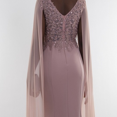 Vestido de festa rosa claro com renda e mangas de tule, visto de costas