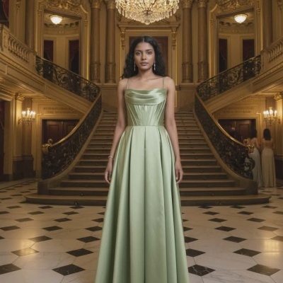 Vestido verde água acetinado com corpete e alças finas em salão elegante