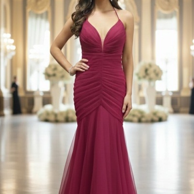 Vestido de noite longo bordô com decote em V e alças finas