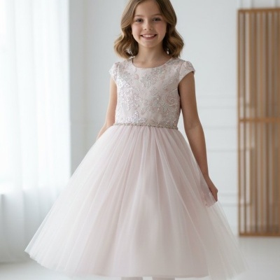 Menina a usar vestido rosa claro com corpet bordado e saia de tule, sapatos brancos, em ambiente interior claro.