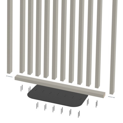 Peças de madeira cinza claro, base preta e parafusos para montagem