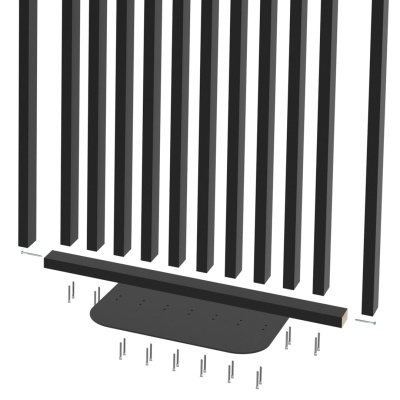 Ripado de madeira preta com parafusos prateados sobre fundo branco