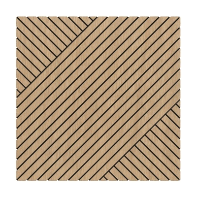 Placa quadrada de madeira clara com padrão geométrico de linhas diagonais pretas