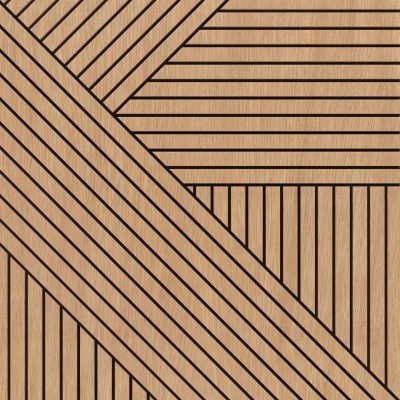 Painel de madeira clara com padrão geométrico de linhas pretas