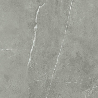 Superfície de mármore cinza com veias brancas e texto Carrara Mercury