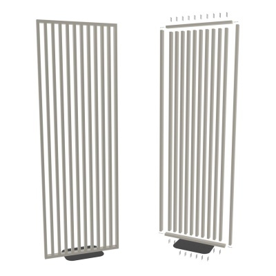 radiador vertical moderno em metal cinza claro com suporte preto