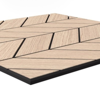 Painel decorativo retangular de madeira com padrão geométrico em tons claros.