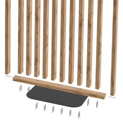 Peças de madeira natural e parafusos para montagem sobre fundo branco