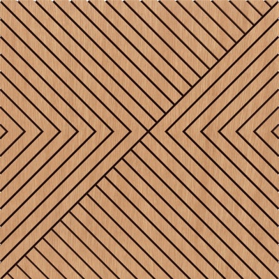 Painel de madeira clara com padrão geométrico de linhas diagonais pretas