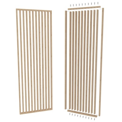 Painéis de ripas de madeira naturais, um montado e outro desmontado com parafusos