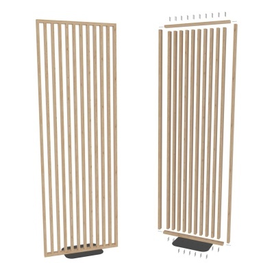 Painel de madeira clara vertical com base preta para montagem