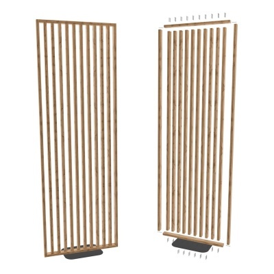 Paineis de madeira para divisória com ripas verticais e suportes pretos