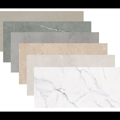 Seis placas retangulares com padrões de mármore e pedra em várias cores