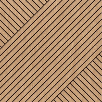 Painel decorativo de madeira com padrão geométrico de linhas diagonais.
