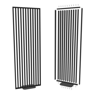 Radiador vertical preto composto por barras paralelas e radiador desmontado com peças