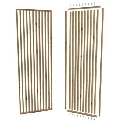 Painéis de ripas de madeira desmontados e montados com fixações e parafusos