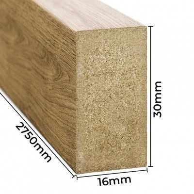 Peça de madeira composta com lâmina decorativa castanha clara e medidas mostradas