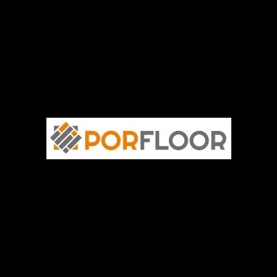 Logotipo PORFLOOR com símbolo geométrico em cores laranja, cinzento e branco
