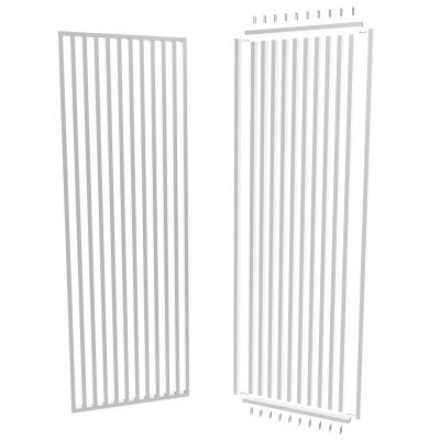 Estruturas metálicas retangulares brancas com varetas verticais e pregos separados