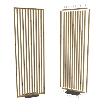 Separador de ambientes de madeira clara com ripas verticais e base preta