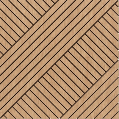 Painel decorativo em madeira com padrão geométrico de linhas pretas diagonais