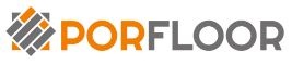 Logotipo PORFLOOR com símbolo geométrico em cores laranja, cinzento e branco