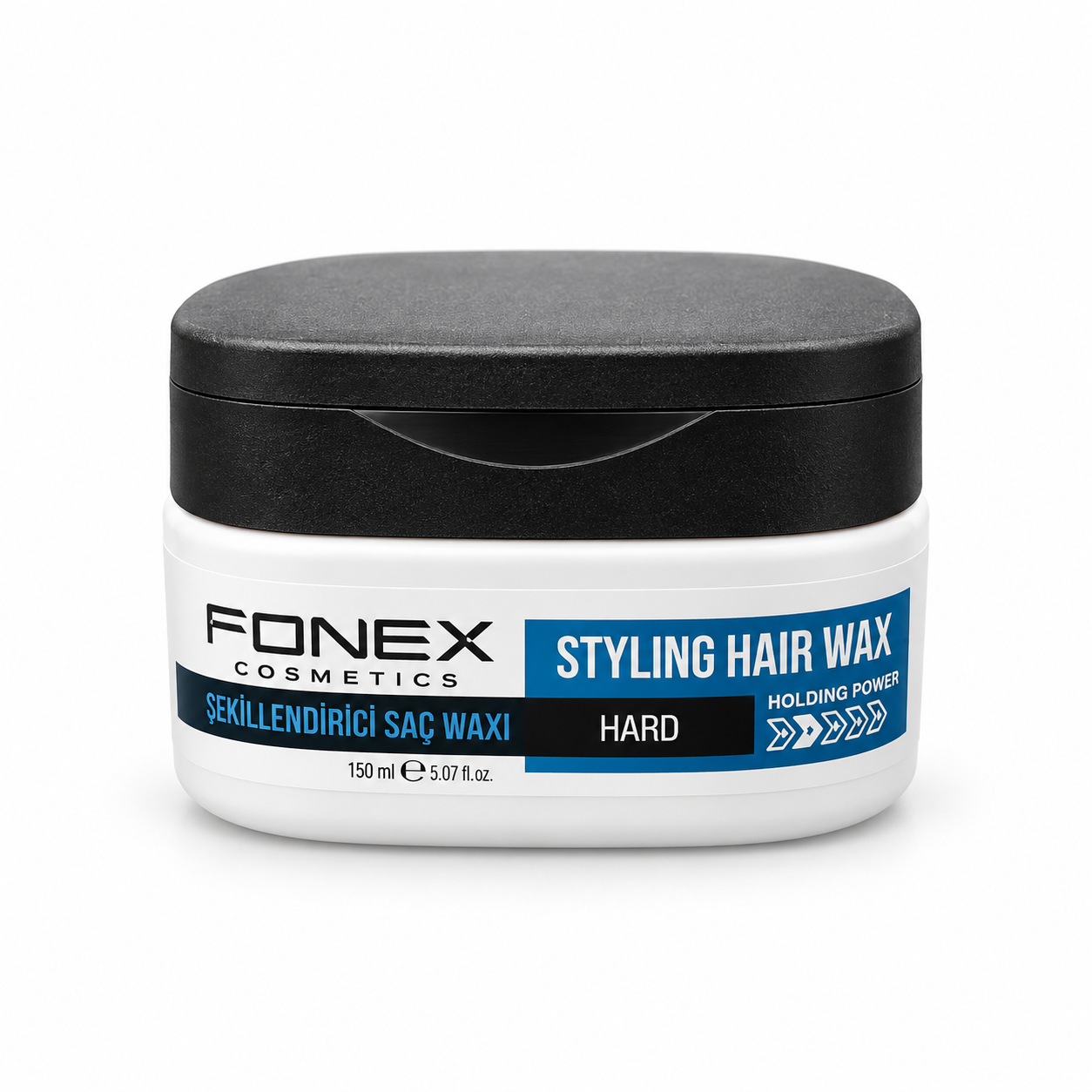 Fonex Cosmetics – Styling Hair Wax Hard Cera Modeladora de Cabelo Fixação Forte 150ml | Ref. 013759 Frasco plástico branco com tampa preta de cera para cabelo Fonex