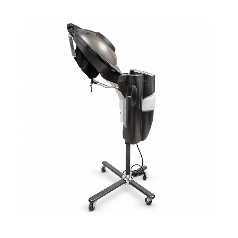 Vaporizador de Cabelo Ultrassônico Profissional com Ozônio O3 e Infravermelho | Ref.864480 Máquina de cozinha profissional com tampa aberta sobre suporte com rodas