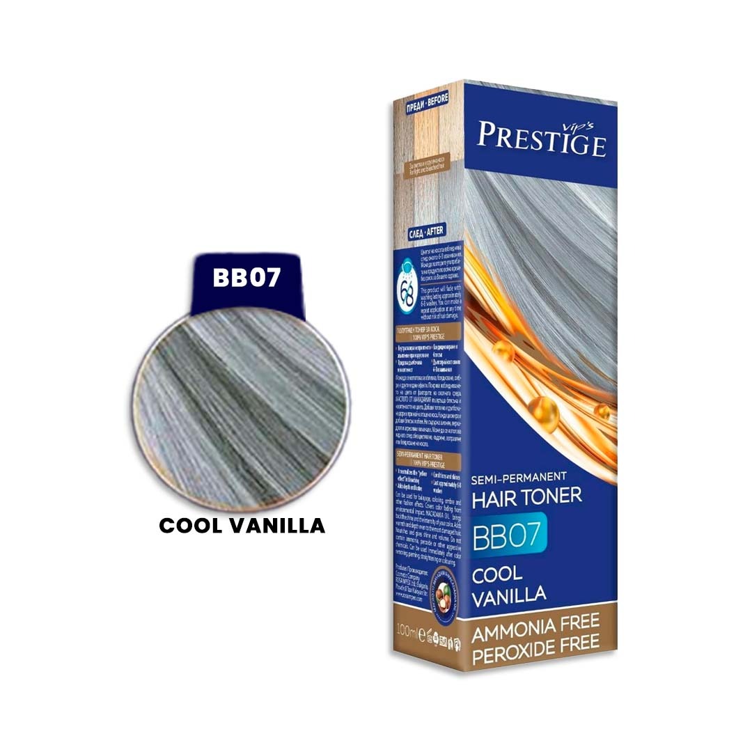 Vip's Prestige BeBlonde BB07 - Ref 507554 Caixa de tonalizante de cabelo azul e dourada PRESTIGE BB07 Cool Vanilla com amostra da cor cinzento claro e bege