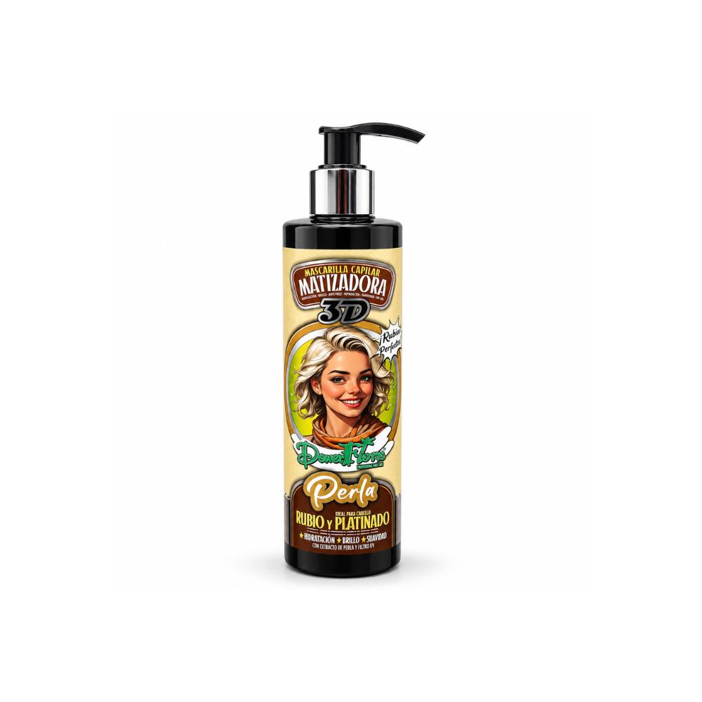 Dona Flora Máscara Matizadora 3D Perla Cabelo Loiro e Platinado – 300ml | Ref. 421978 Frasco de máscara capilar matizadora 3D para cabelo rubio y platinado.