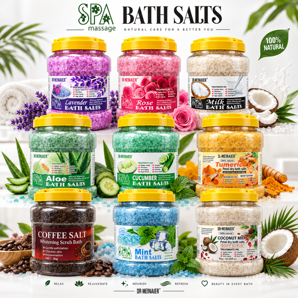Sais de Banho SPA – Diversos Aromas – 3 kg | Ref.202609 Frascos coloridos de sais de banho rotulados com diferentes aromas e ingredientes naturais