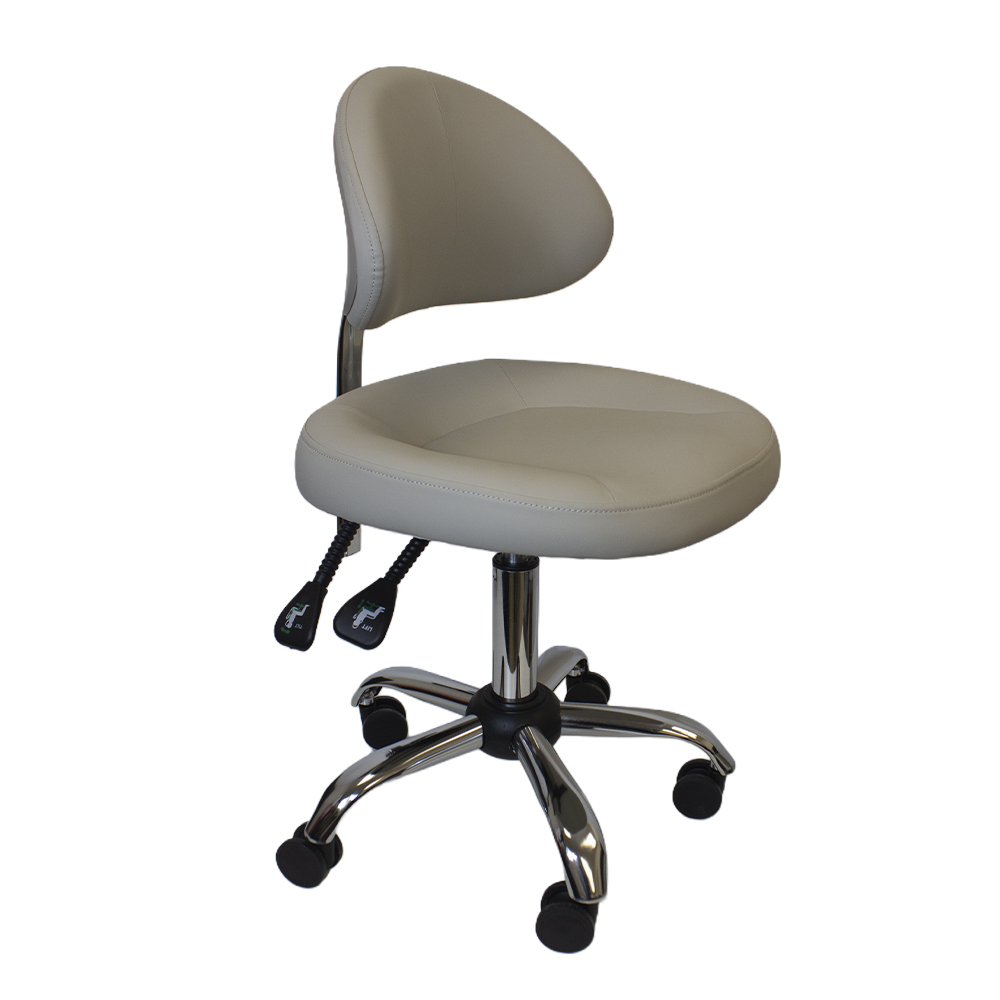 Banco Profissional Ergonómico Ajustável | Ref.ERPF Cadeira de escritório giratória cinza com base cromada e rodas.