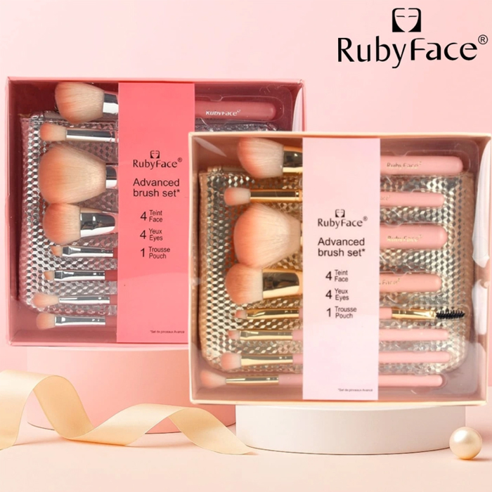 Kit Profissional de Pincéis Ruby Face Advanced Brush Set – 8 Pincéis + Bolsa | Ref.SF08 Conjunto RubyFace Advanced brush set com 9 pincéis e bolsa em embalagem